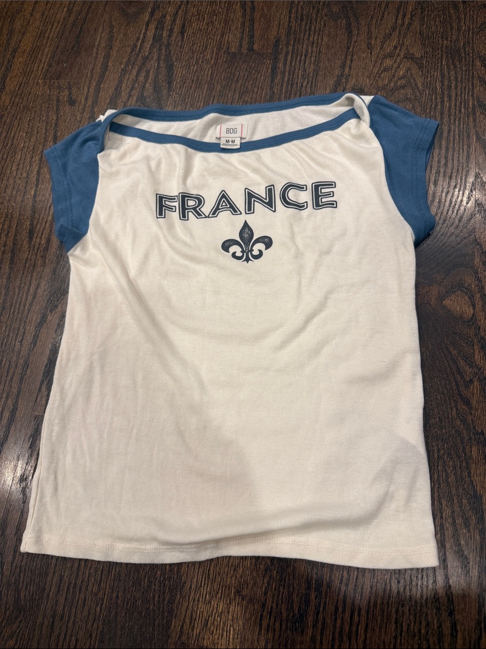 BDG White Tee with Blue Ringer Sleeves and FRANCE Graphic